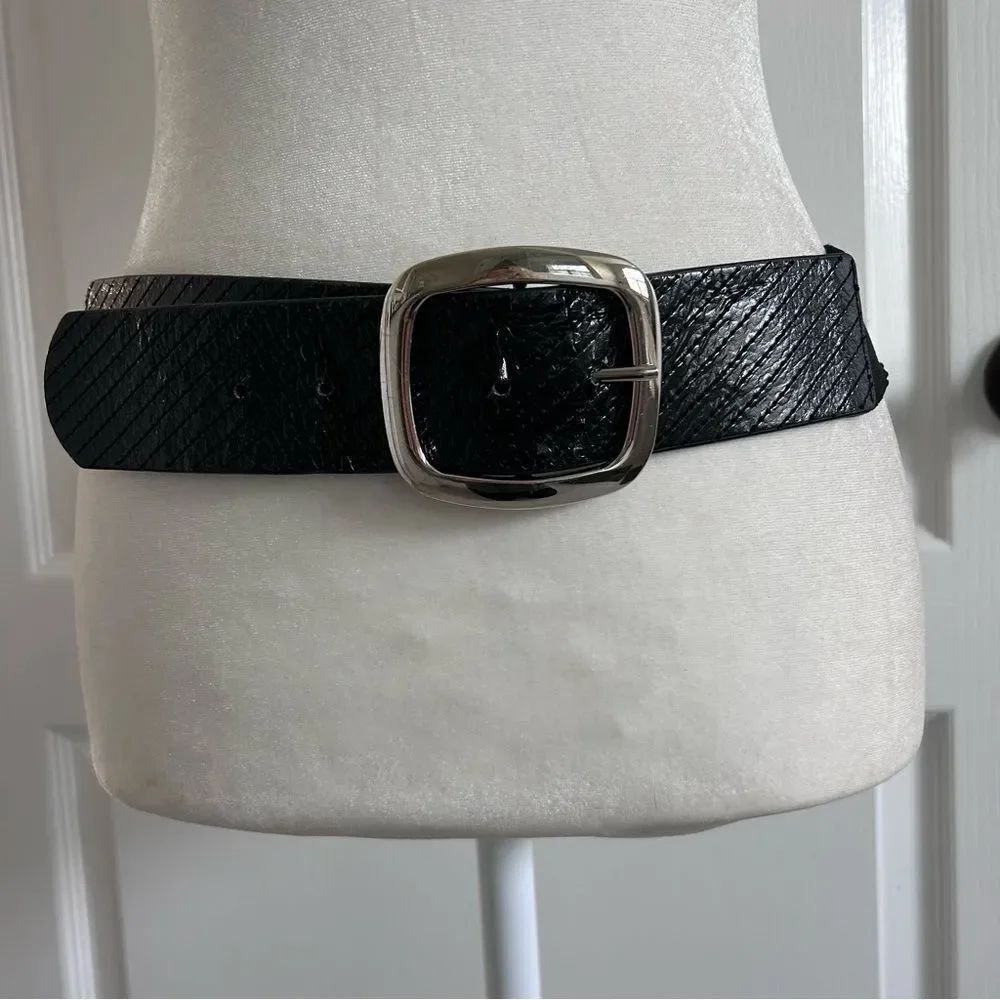Black Wide Stretch Belt with Silver Statement Buckle Textured Faux Leather